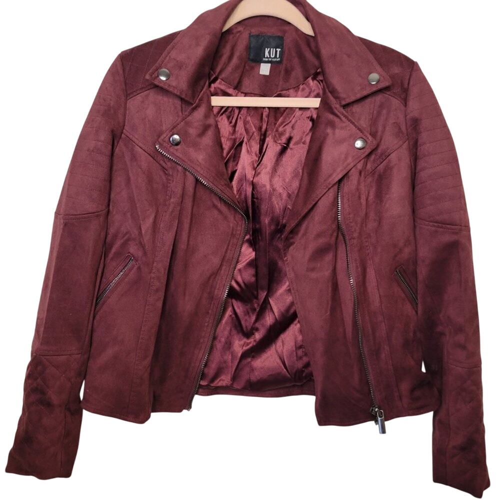 KUT From The Kloth Quilted Suede Moto Jacket Maroon Size Small - Picture 1 of 7